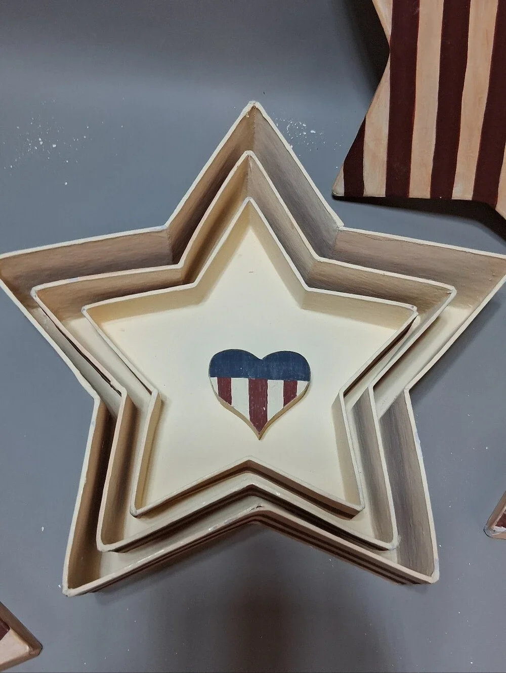American Flag Nested Wooden Star Trays Patriotic Decor Set of 3